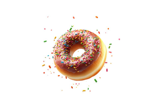 Pink donut with colorful sprinkles flying in mid-air isolated on white or transparent, PNG