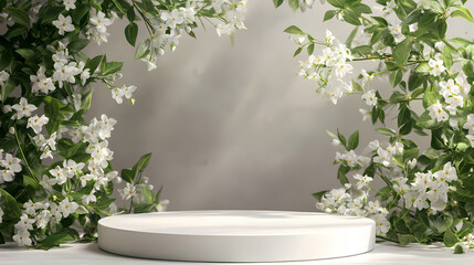 White Base with Green Plants and White Flowers against a Light Gray Wall Background