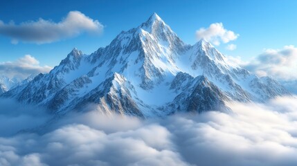 Obraz premium Majestic snow-capped mountain peak surrounded by clouds under a clear blue sky, evoking tranquility