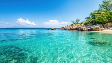 Fototapeta premium A serene beach with crystal-clear turquoise waters, gentle waves, and lush greenery under a bright blue sky, creating a picturesque tropical paradise.