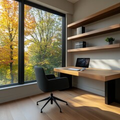 Fototapeta premium office with desk and fall foliage outside window