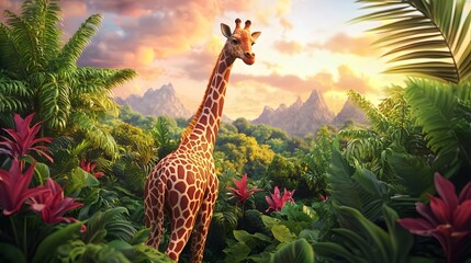 Fototapeta premium Giraffe in Tropical Paradise: A majestic giraffe stands amidst vibrant tropical foliage, with a breathtaking sunset illuminating the mountainous landscape in the background.
