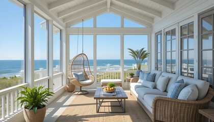 Obraz premium Bright and airy coastal sunroom with floor-to-ceiling glass walls, light blue accents, and a hanging rattan chair overlooking the ocean view 