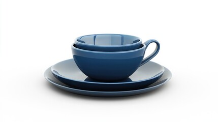 Stacked blue teacups and saucer on white