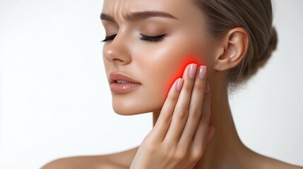 Obraz premium Woman experiencing jaw pain with highlighted red area in medical illustration