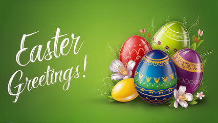 Colorful Easter Eggs with Floral Decorations on Green Background