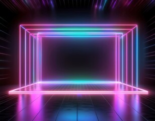 3d rendering, neon lights, abstract ultraviolet background, virtual reality screen, laser show, rectangular blank frame, tunnel, glowing lines, floor reflection, vibrant colors