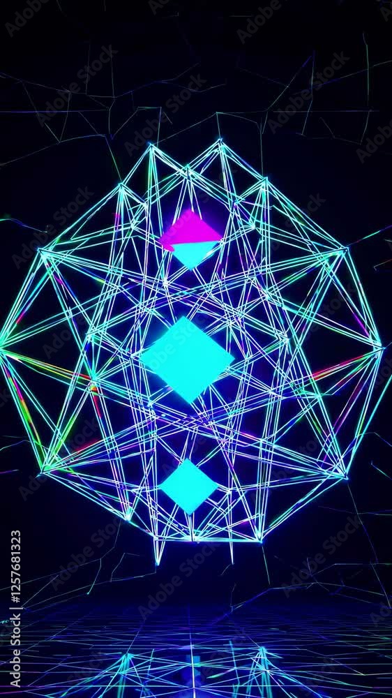 Poster interconnected glowing cubes shifting within a futuristic digital network, creating a high-tech and abstract visualization