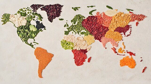 World Food Map: A vibrant and creative depiction of the world map crafted entirely from a diverse array of colorful food ingredients, representing the global diversity of cuisine and agriculture.