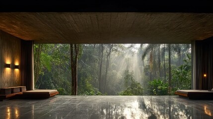 Modern concrete interior with jungle vista