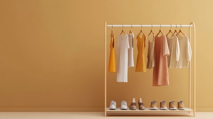 Clothes rack with autumn outfits, shoes, beige wall