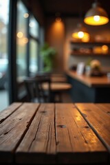 Rustic wooden tabletop; cafe backdrop, bokeh lights, food, atmosphere