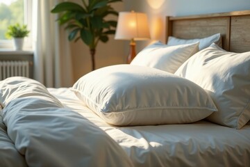 Obraz premium Sunlight Illuminates a Serene and Peaceful Bedroom with Soft, Luxurious Bedding and Pillows