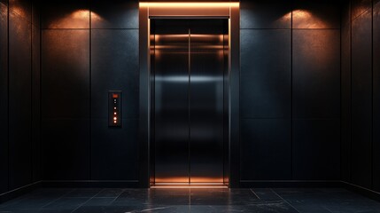 Modern dark elevator interior with backlit walls, empty