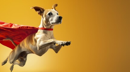 Anthropomorphic dog in a superhero cape, posing dramatically against a plain background. Showcasing action and heroism with vibrant details, perfect for children's books and dynamic illustrations.