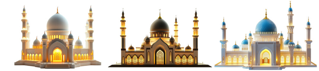 Obraz premium Set of an illuminated mosque at night, symbolizing Ramadan nights, isolated on a transparent background.