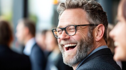 Obraz premium Man with Glasses Laughing in a Crowd