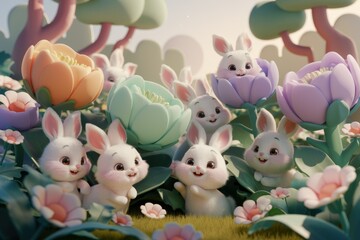 Adorable 3D rendered bunnies nestled amongst vibrant pastel flowers in a whimsical garden.