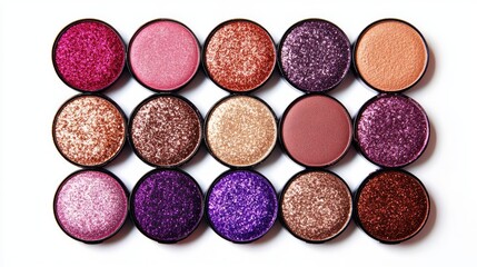 Flatlay of twelve round eyeshadow palettes in various shades of pink, purple, and brown.