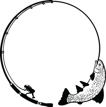 fishing rod catching fish in black and white clip art preview
