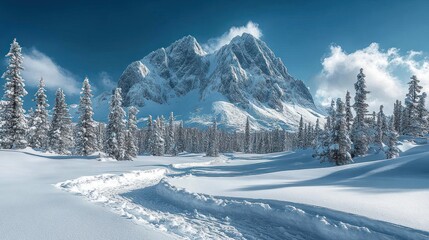 Serene winter landscape featuring snow-covered mountains and a winding path through a tranquil forest