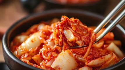 Close-up image of fermented Chinese cabbage kimchi asian cuisine, fermented vegetables, probiotics, healthy eating, diet food.