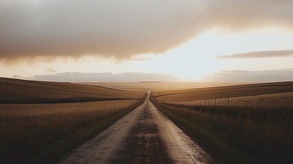 Fototapeta premium Sunset drive through serene countryside rural landscape scenic photography tranquil environment wide angle view