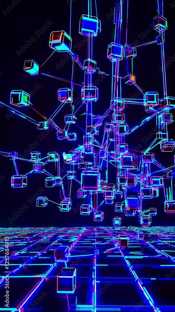Poster interconnected glowing cubes shifting within a futuristic digital network, creating a high-tech and abstract visualization