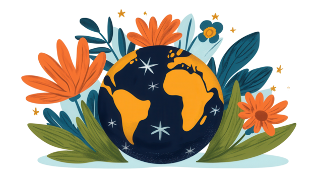 Colorful floral earth illustration digital art transparent background nature vibrant colors whimsical design - Powered by Adobe