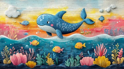 Whale mural swimming with fish urban wall art colorful perspective joy
