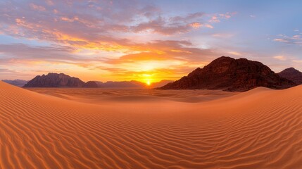 Fototapeta premium Desert Sunrise Panorama, Dunes, Mountains