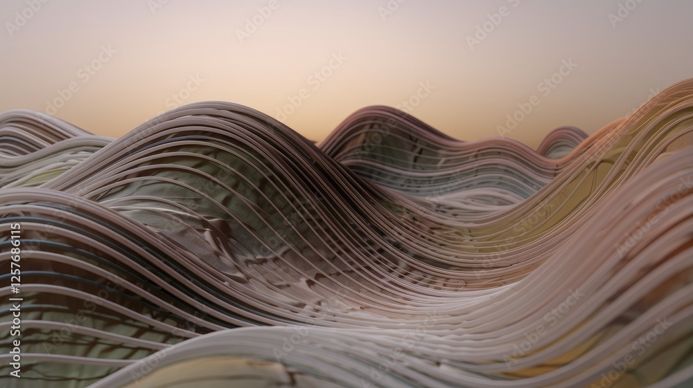 Poster abstract 3d rendering of layered, undulating waves resembling a landscape at sunset.