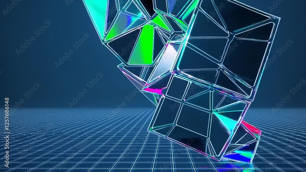 Poster interconnected glowing cubes shifting within a futuristic digital network, creating a high-tech and abstract visualization