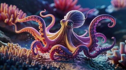A vibrant, detailed 3D rendering of an octopus amidst colorful coral reefs, showcasing intricate textures and lighting.