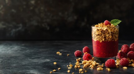A surgeon, fresh raspberry smoothie with granola in a glass on a dark background