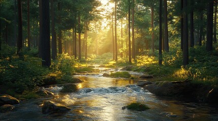 Fototapeta premium Golden Sunlight Illuminates Forest Stream And Trees
