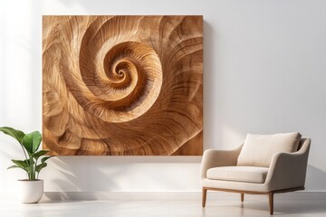A wooden wall art piece depicting an abstract spiral shape, showcasing the beauty of the wood grain and natural texture.