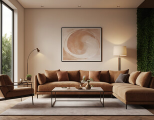 Modern Living Room Interior with ISO A Paper Size Poster Mockup – Elegant 3D Render Design