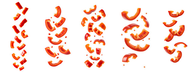 Paprika pieces falling down set PNG. Fresh red paprika slices flying in mid-air, perfect for culinary and organic food themes isolated. Spicy and vibrant paprika pieces tumbling from the top PNG
