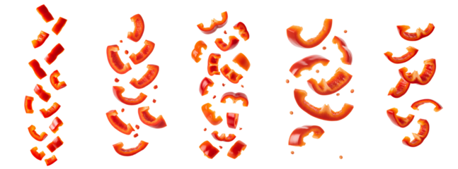 Paprika pieces falling down set PNG. Fresh red paprika slices flying in mid-air, perfect for culinary and organic food themes isolated. Spicy and vibrant paprika pieces tumbling from the top PNG