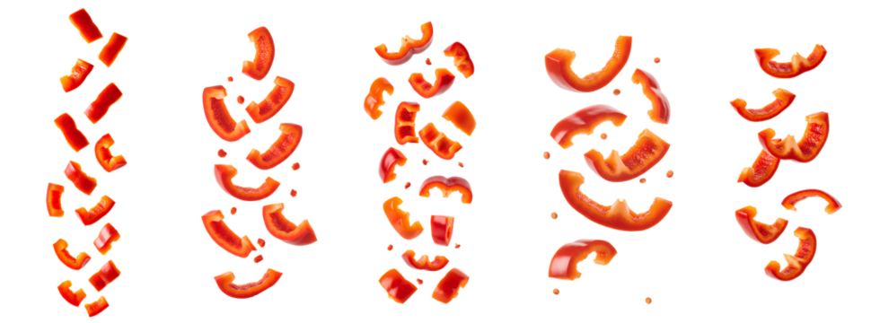 Paprika pieces falling down set PNG. Fresh red paprika slices flying in mid-air, perfect for culinary and organic food themes isolated. Spicy and vibrant paprika pieces tumbling from the top PNG