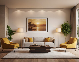 Modern Living Room Interior with ISO A Paper Size Poster Mockup – Elegant 3D Render Design
