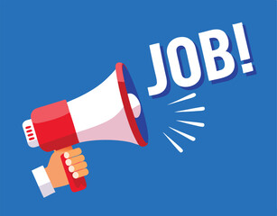 Hand hold megaphone. Job. Flat style. Vector