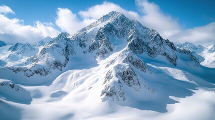 Majestic snow-covered mountain peaks under a clear blue sky with soft clouds in the background