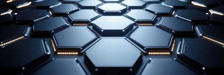 Abstract background with glowing hexagons and lights on a dark blue banner for technology, science, or business concept design.