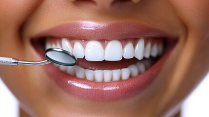 Fototapeta premium Clear view of a smiling mouth reflecting healthy teeth with a dental mirror