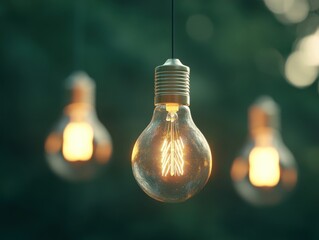 glowing vintage light bulbs hanging outdoors