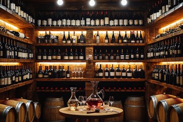 A well-stocked wine cellar with rows of bottles on wooden shelves, barrels, decanters and glasses, lit by bright lights.