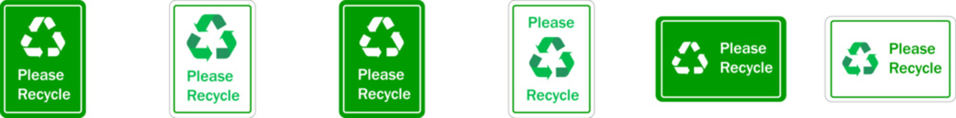 Please recycle street green sign for public places. Recycle green arrow pictogram on white background. Isolated vector illustration