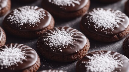 chocolate-dipped cookies dusted with icing sugar, the rich cocoa and white powder contrasting beautifully in 4K detail
